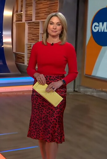Amy's red ribbed sweater and leopard skirt on Good Morning America
