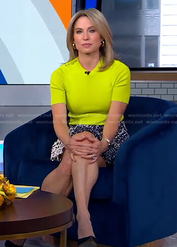 Amy's yellow studded shoulder top and printed mini skirt on Good Morning America