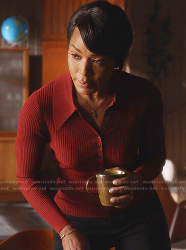 Athena's red ribbed polo top on 9-1-1
