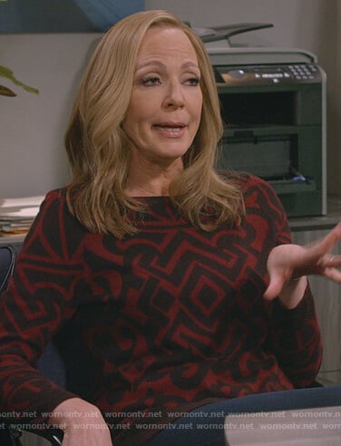 Bonnie's red geometric print top on Mom