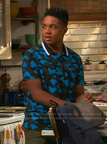 Booker's blue and black printed polo shirt on Ravens Home