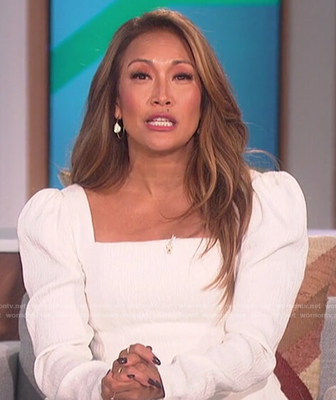 Carrie's white square neck dress on The Talk