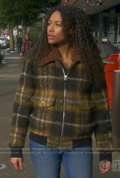 Cassie's plaid jacket with sherpa collar on Big Sky