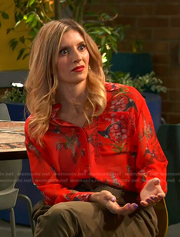 Chelsea's red bird print blouse on Ravens Home