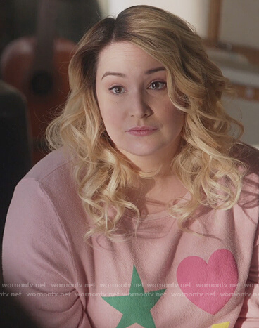 Davia's pink shapes sweatshirt on Good Trouble