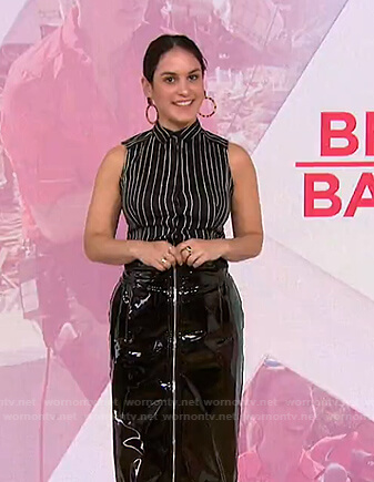 Donna's black striped sleeveless shirt and patent zip skirt on Today
