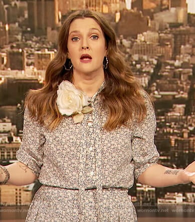 Drew's blue floral tie neck blouse and skirt on The Drew Barrymore Show