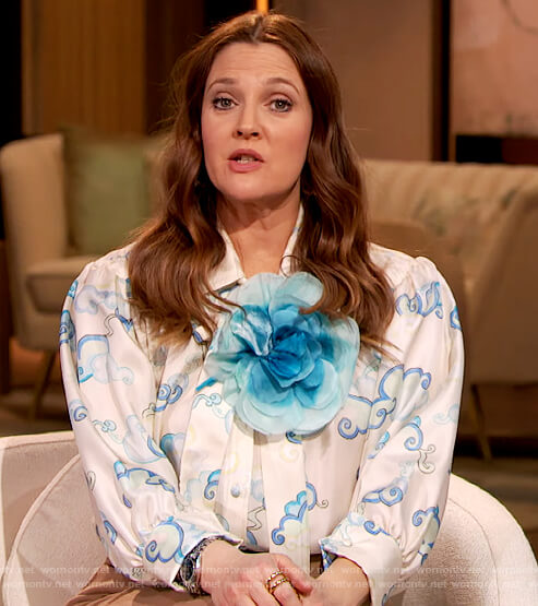 Drew's white printed tie neck blouse on The Drew Barrymore Show