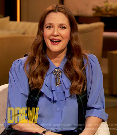 Drew's blue ruffle neck blouse on The Drew Barrymore Show