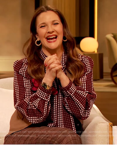 Drew's red dotted tie neck blouse on The Drew Barrymore Show