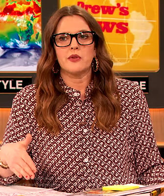 Drew's burgundy printed blouse and skirt on The Drew Barrymore Show