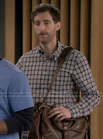 Drew's grey and navy checked shirt on B Positive