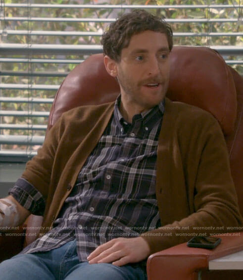 Drew's navy plaid shirt on B Positive
