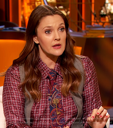 Drew's red geometric print shirt on The Drew Barrymore Show