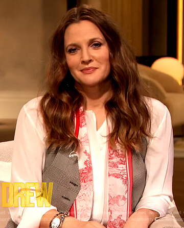 Drew's white contrast scarf blouse on The Drew Barrymore Show