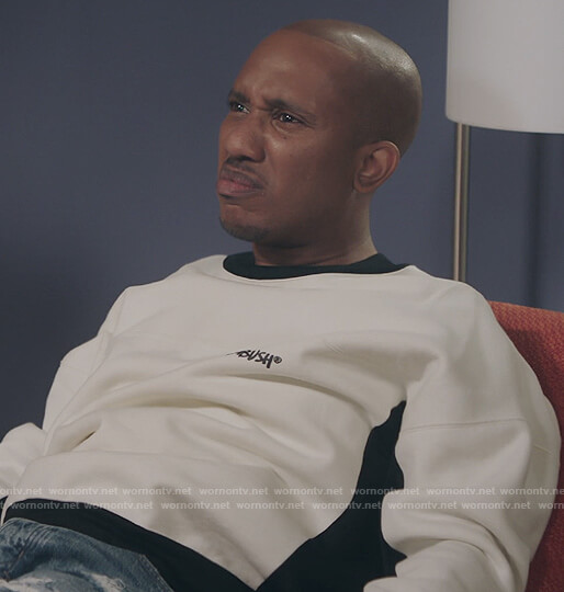 Gary's white contrast Ambush logo sweatshirt on Kenan