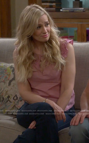 Gemma's pink eyelet keyhole top on The Neighborhood