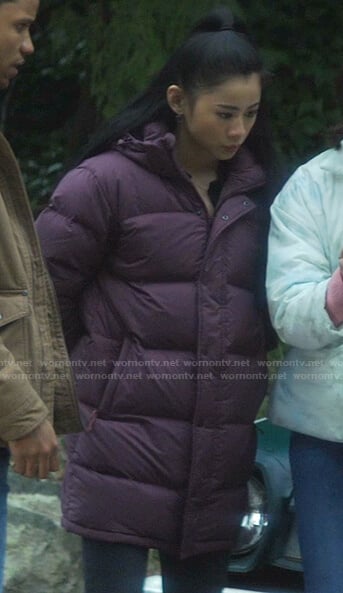 George's burgundy hooded puffer coat on Nancy Drew