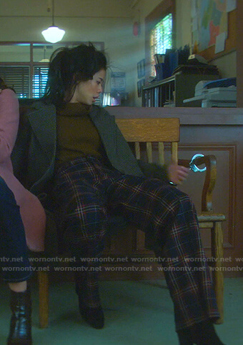 George's navy plaid wide-leg pants on Nancy Drew