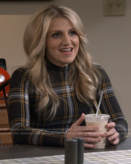Gina's black plaid turtleneck top on B Positive
