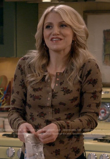 Gina's brown floral henley top on B Positive