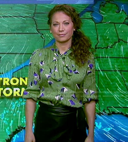 Ginger's green floral tie neck blouse on Good Morning America