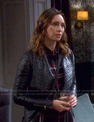 Gwen's plaid shirt and black pleated jacket on Days of our Lives
