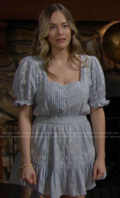 Hope's blue embroidered mini prairie dress on The Bold and the Beautiful