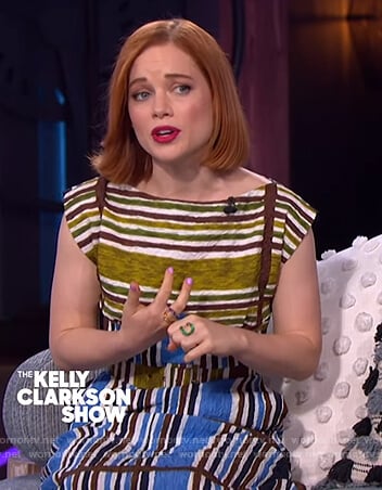 Jane Levy's green stripe belted dress on The Kelly Clarkson Show