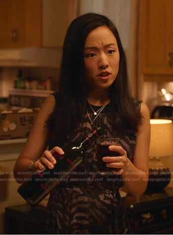 Jane's grey zebra print midi dress on Kims Convenience