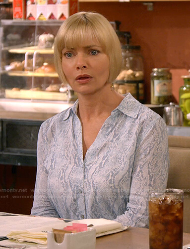Jill's blue snake print blouse on Mom