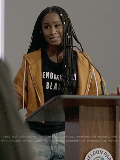 Jordan's Phenomenally Black t-shirt and cropped hoodie on Batwoman
