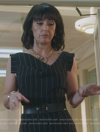 Kathleen's black pinstripe dress on Good Trouble