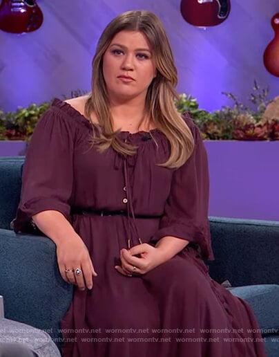 Kelly's purple off shoulder dress on The Kelly Clarkson Show