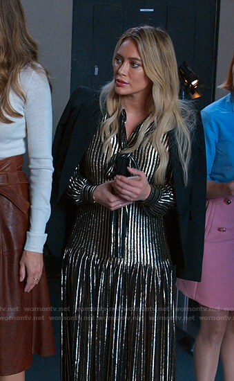 Kelsey's metallic striped tie neck dress on Younger