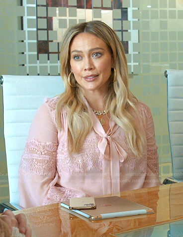 Kelsey's pink lace panel tie neck blouse on Younger