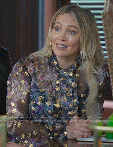 Kelsey's printed blouse with gold details on Younger