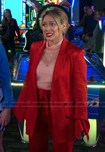 Kelsey's red ruffled cuff blazer and pants on Younger
