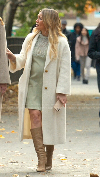 Kelsey's green ruffle dress and white coat on Younger