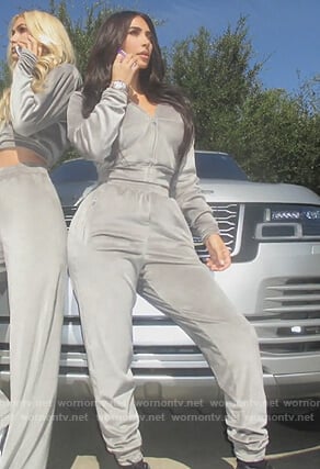 Kim's gray cropped velvet hoodie on Keeping Up with the Kardashians