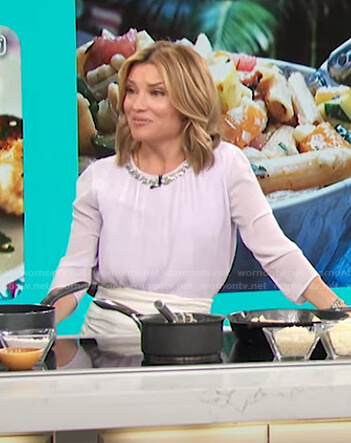 Kit's lilac blouse with jewelled neckline on Access Hollywood