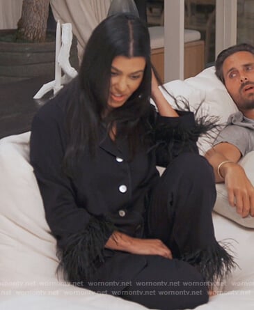 Kourtney's black feather trim pajamas on Keeping Up with the Kardashians
