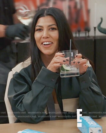 Kourtney's green leather colorblock jacket and pants on Keeping Up with the Kardashians