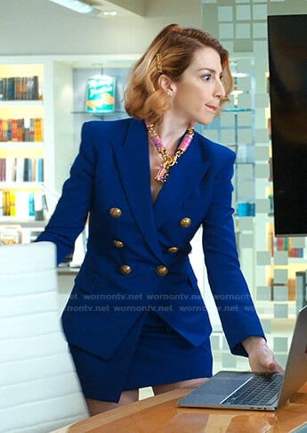 Lauren's blue double breasted blazer and skirt with pockets on Younger