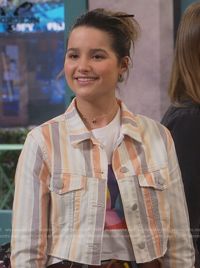 Lex's stripe denim jacket and printed tee on Side Hustle