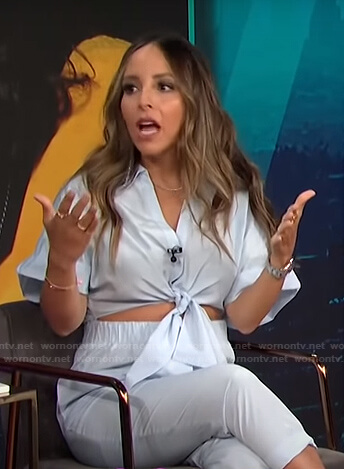 Lilliana's blue tie front cutout jumpsuit on E! News Daily Pop