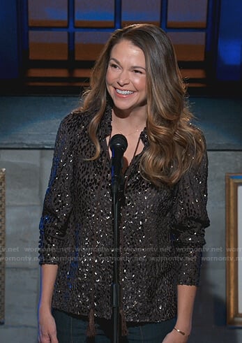 Liza's metallic leopard tie neck top on Younger