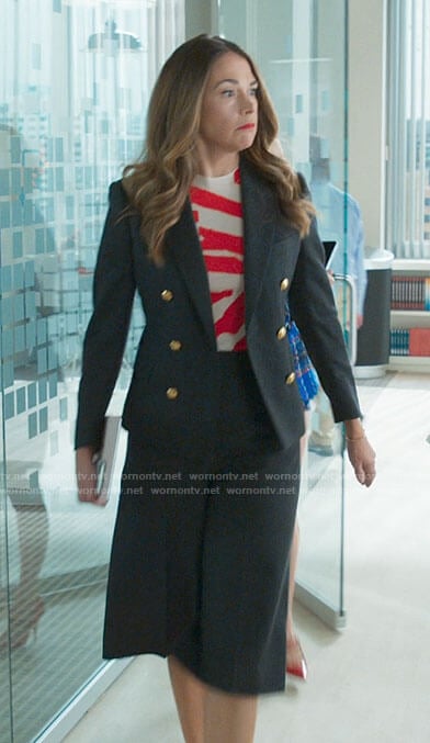 Liza's culottes suit and red printed top on Younger