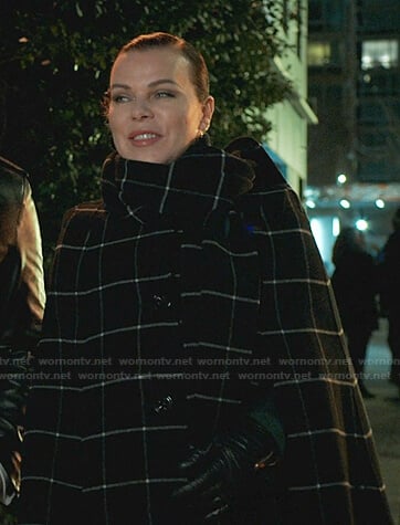 Maggie's black windowpane check coat with scarf on Younger