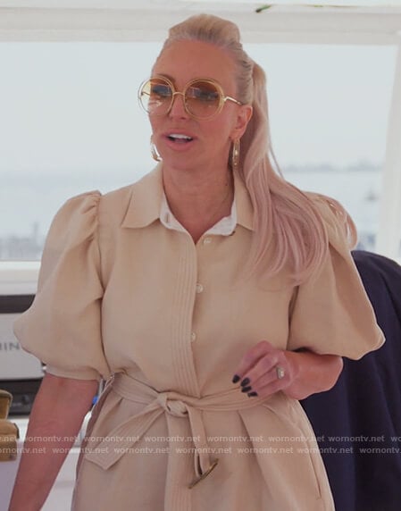 Margaret's beige puff sleeve belted dress on The Real Housewives of New Jersey